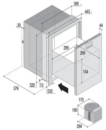 Einzelschubkühlschrank 42 ltr 12 Volt DW42 mit Stahlschloss und externem Gerät