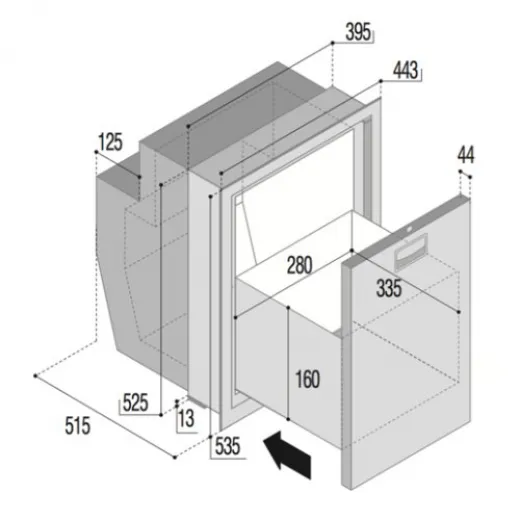 Schubladenkühlschrank RVS 51 Ltr 12V / 24V DW51 mit Steellock und internem Kompressor coolunit